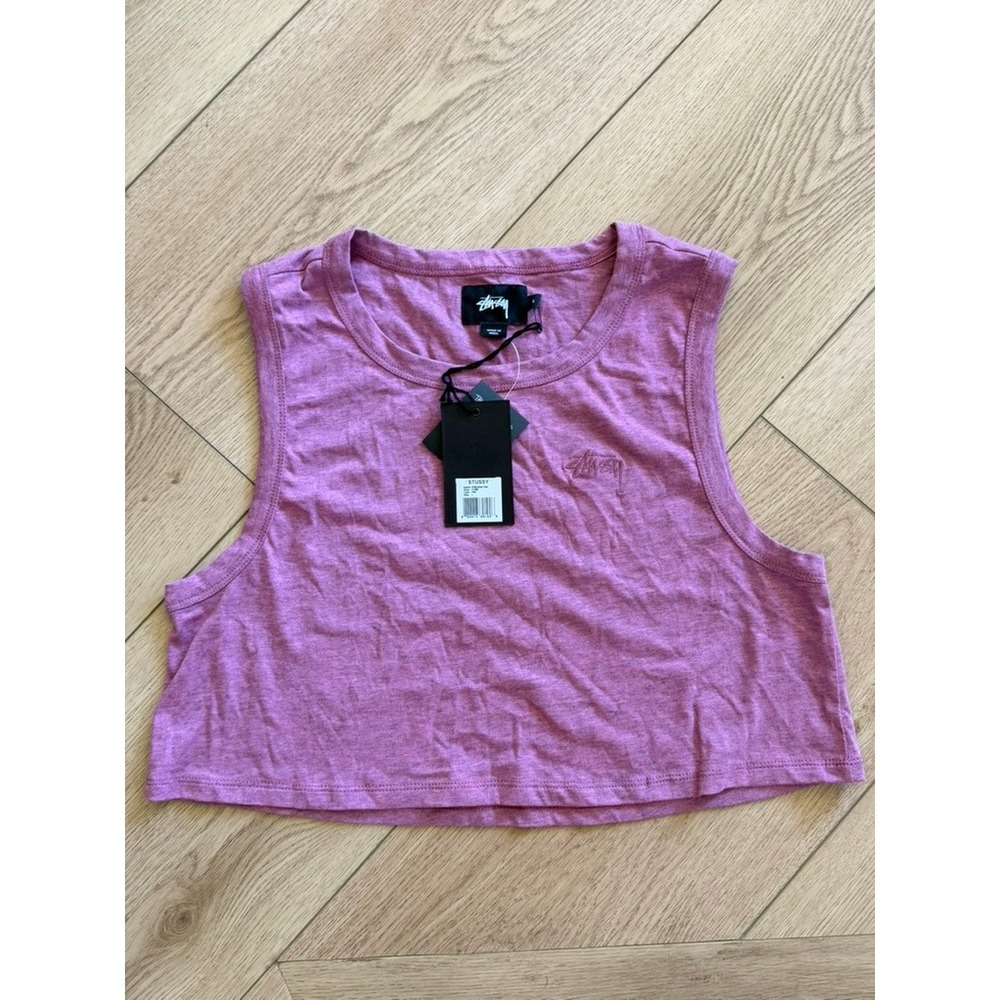 Stussy Rosecrans Tank Pink Heathered Slub Cotton Cropped Logo Top 214389 L